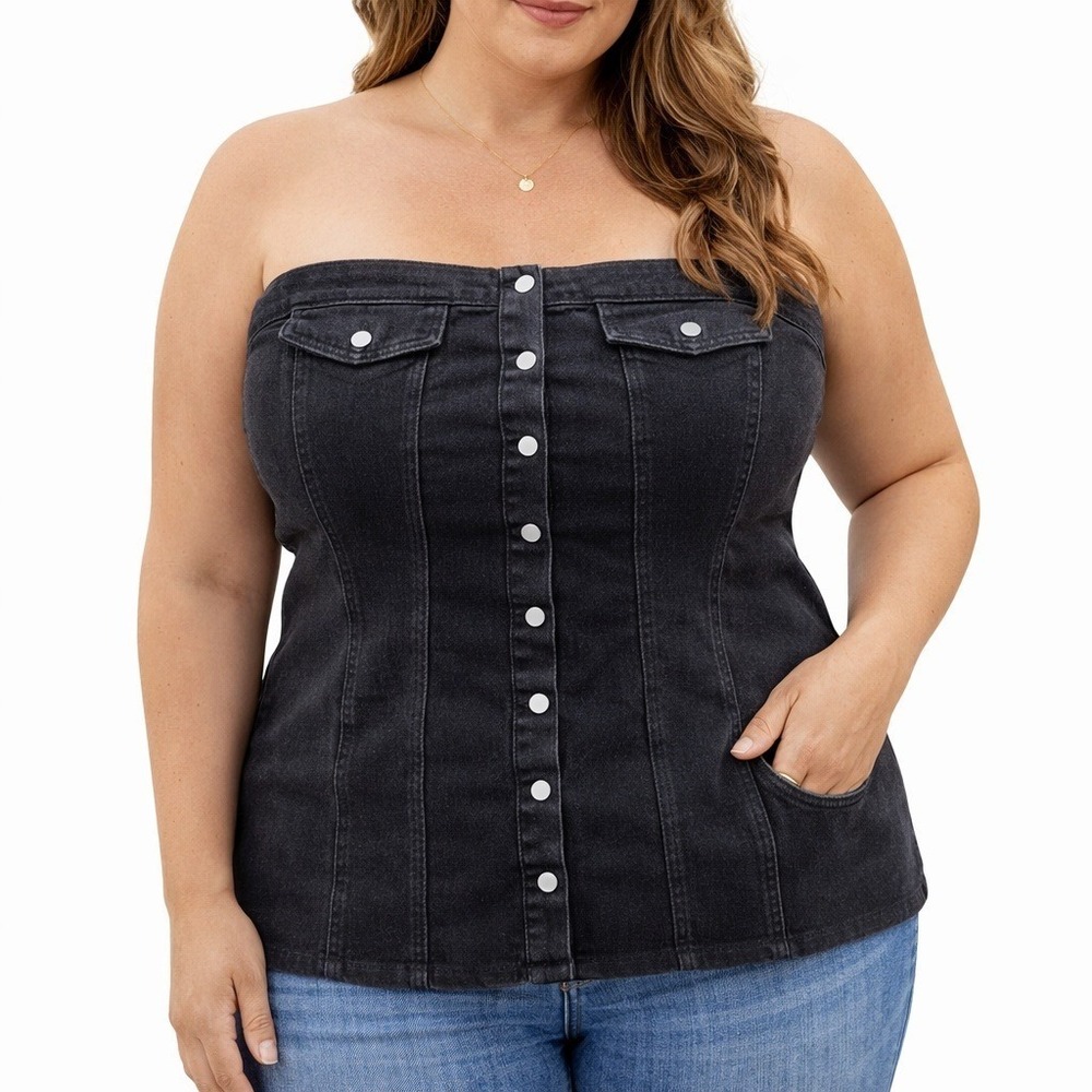 PrettyLittleThing Plus Black Corset Top Size 20‎ Strapless Button Front